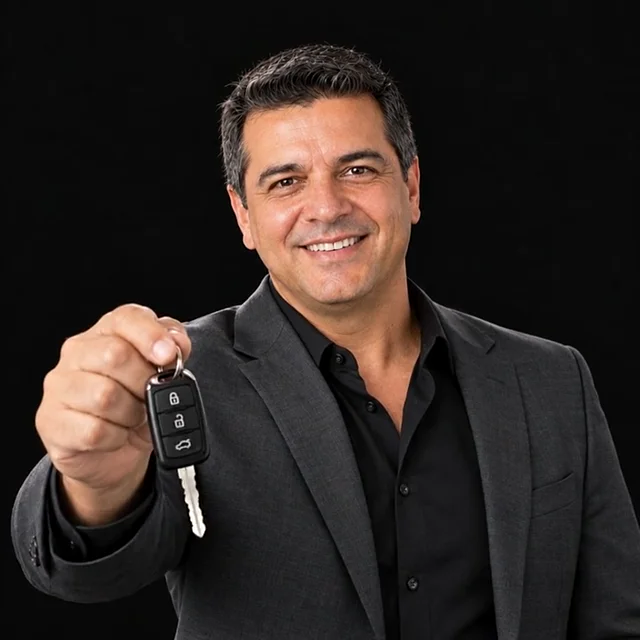 Dono da GTM Veículos mostrando a chave de um carro